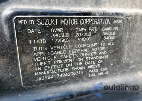 2009 Suzuki Sx4 Technology из США, поврежденный, VIN JS2YB413496205317